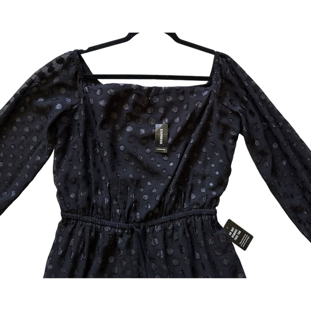 Express Black 3/4 Sleeve Sparkly PolkaDot Elastic Waist Romper Sexy M Witchy NWT - Picture 2 of 6